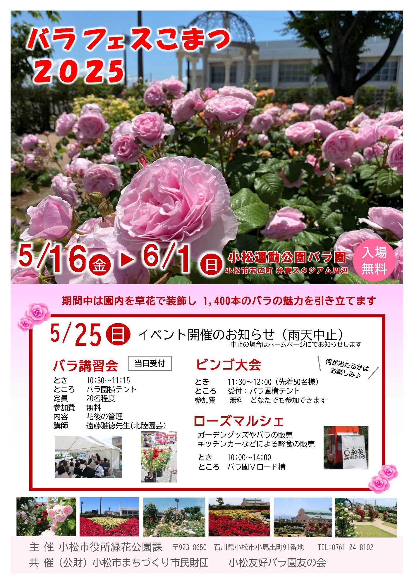 【5/16(金)~6/1(日)】バラフェスこまつ@小松運動公園バラ園~5/25(日)限定でバラの講習会やビンゴ大会などのイベントも!~