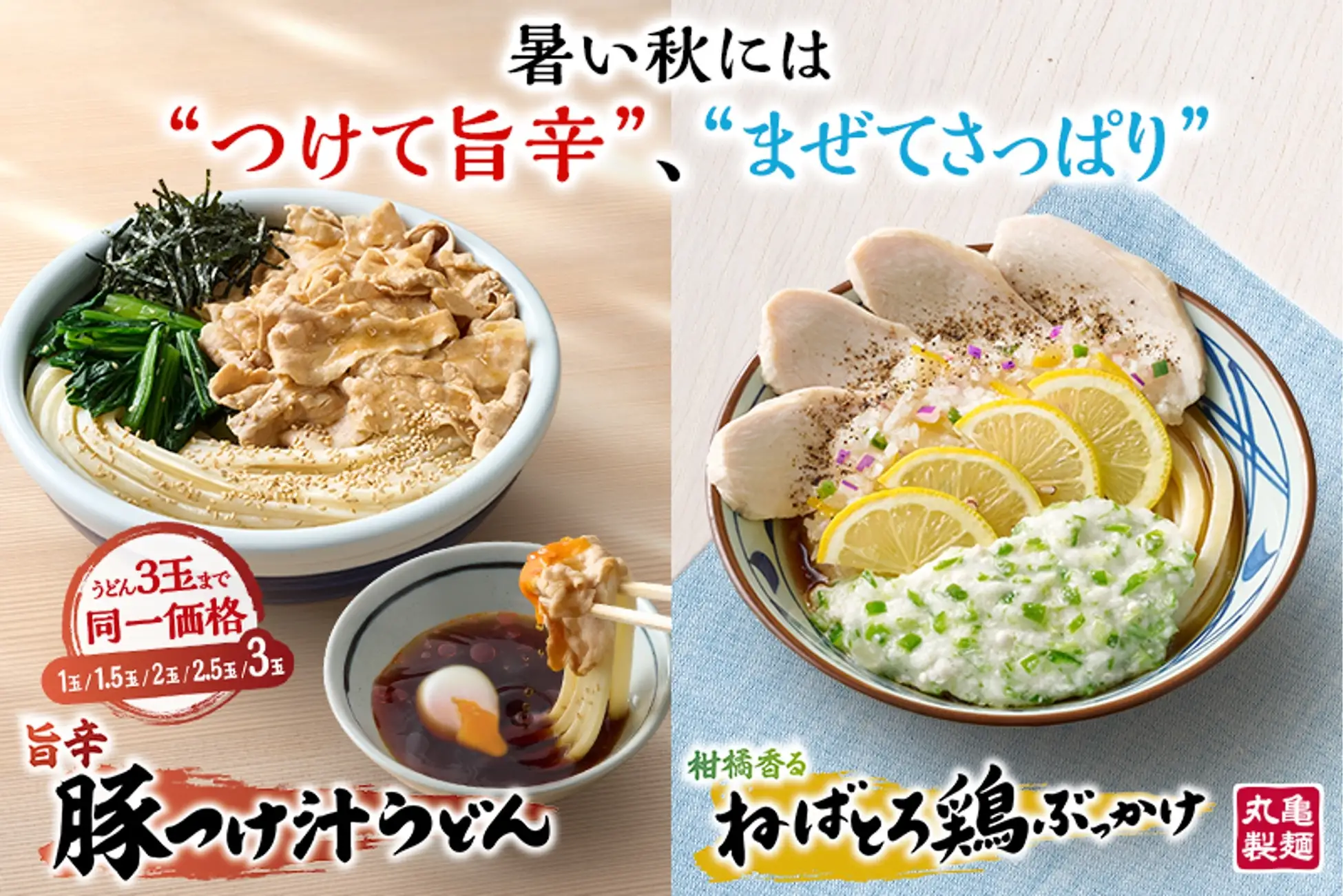 【9/9(火)】丸亀製麺から冷えた「旨辛 豚つけ汁うどん」と「柑橘香る ねばとろ鶏ぶっかけうどん」の2種が新登場！