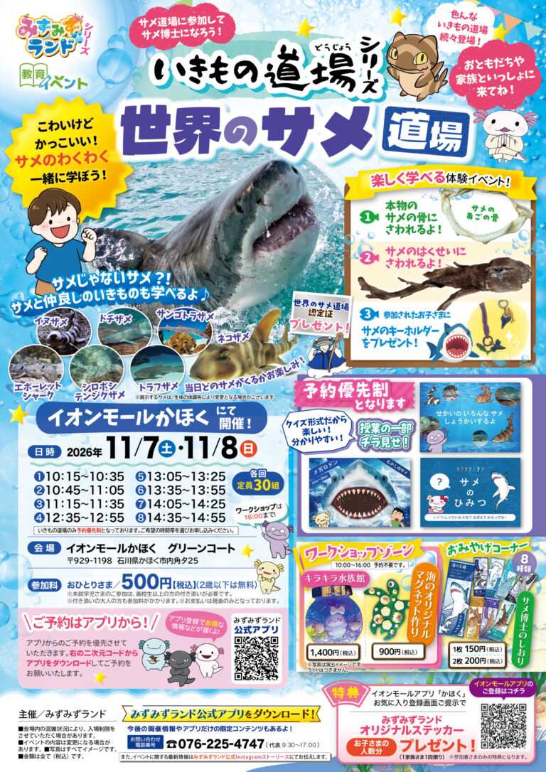【11/7(土),11/8(日)】みずみずランド「いきもの道場シリーズ 世界のサメ道場」@イオンモールかほく【事前申込可】